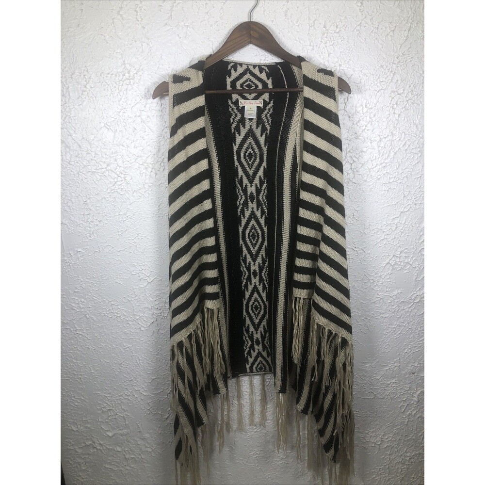 Its Our Time Open Front Vests Womens Size M Black Striped Shingles Western BOHO